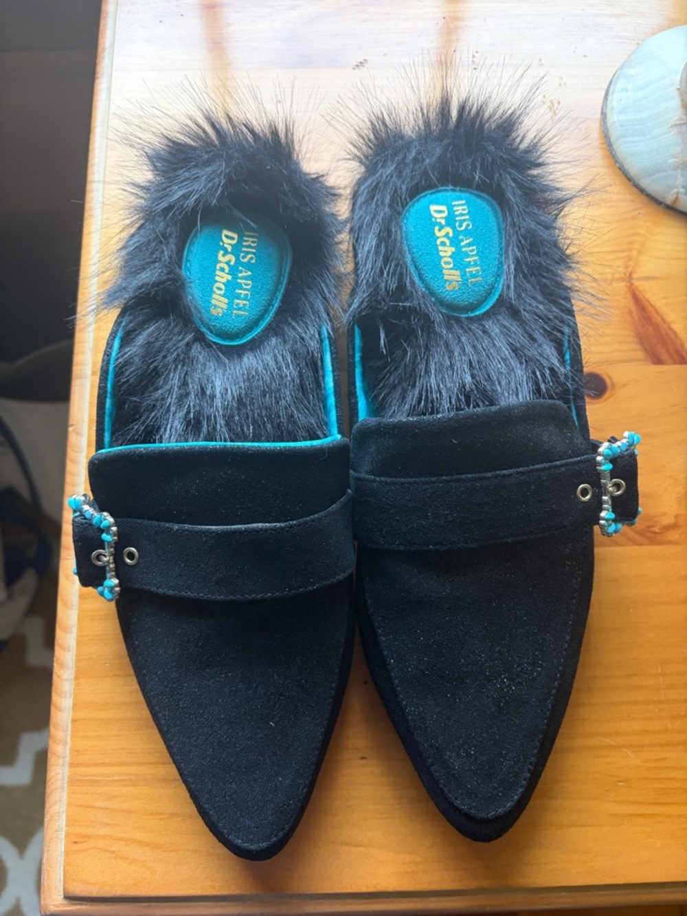Dr. Scholl's Irish Apfel Black Suede Faux-Fur Mules - Size 10